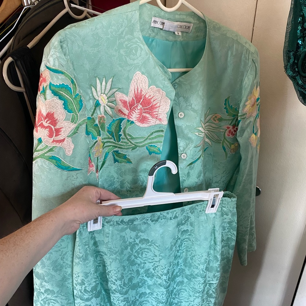 Vintage 100% silk suit jacket & skirt. Hand embroidered detail. Never worn